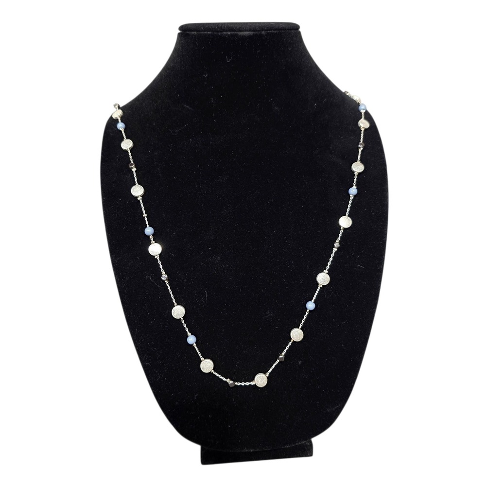 Beaded Necklace Silver Chain White Blue Black Beads Delicate Elegant‎